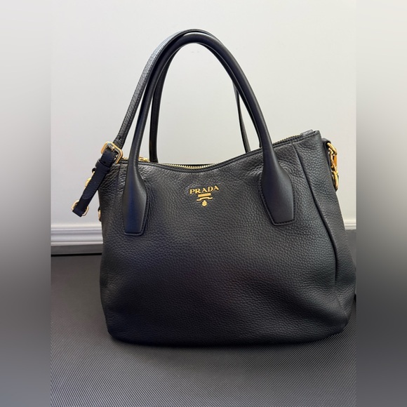 Prada Handbags - Prada Black Leather Shoulder Bag with Gold Accents